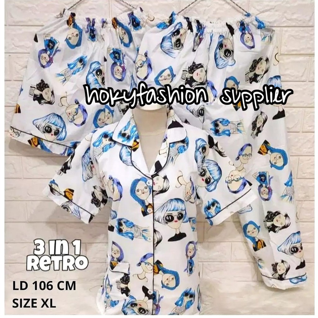 hokyfashion PIYAMA/BAJU TIDUR CP 3 IN 1 POOH HAPPY-3in1 retro putih