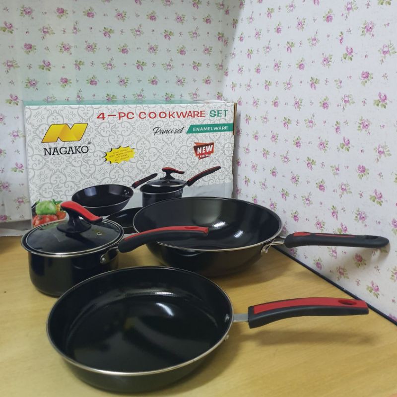 panci set enamel 4 pcs NAGAKO - wok pan 32 - fry pan 26 - sauce pan