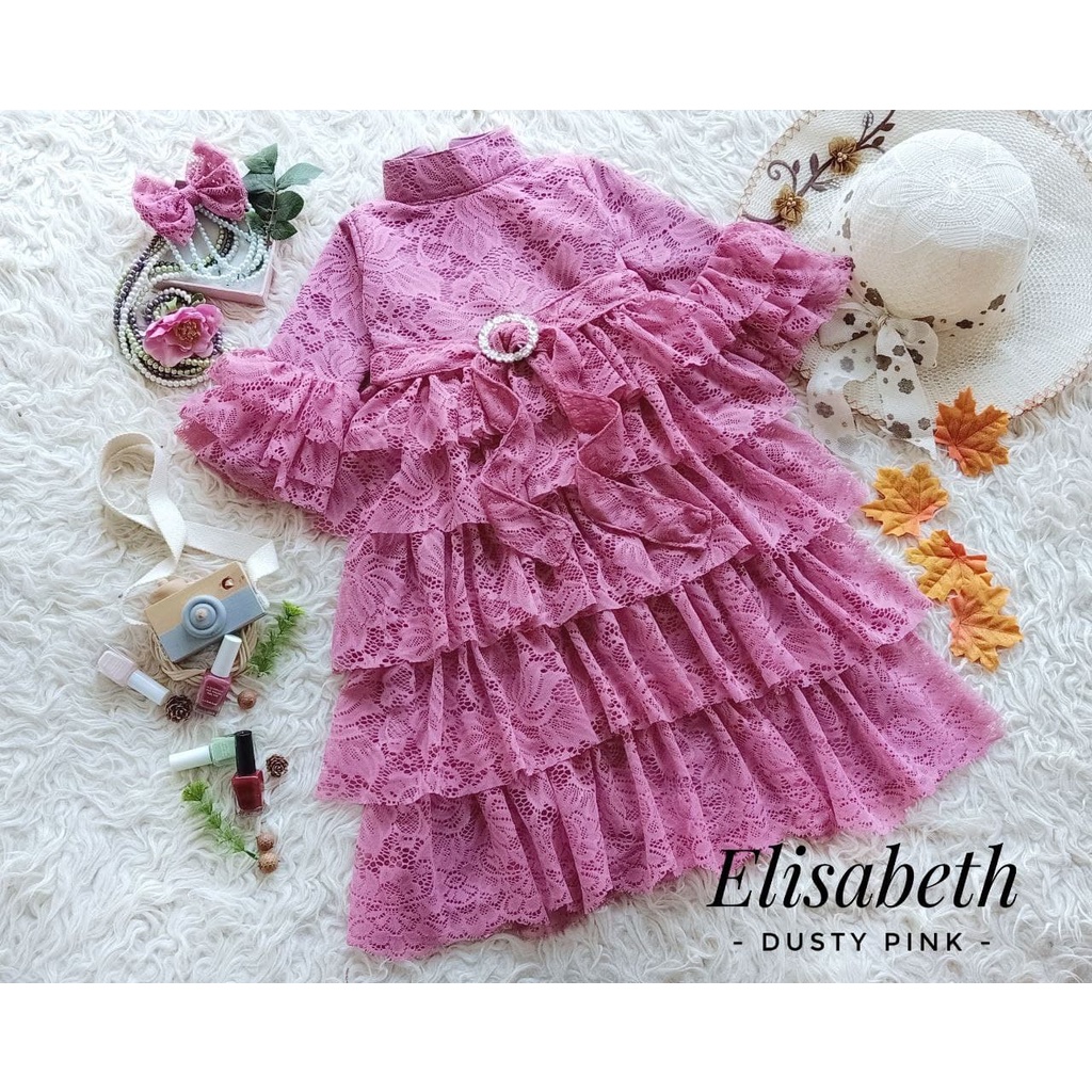 GAUN ELISABETH WARNA DUSTY PINK / GAUN PRINCESS / GAMIS BROKAT / GAMIS ANAK / GAMIS DEWASA / GAMIS L