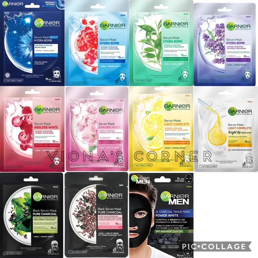 Garnier Serum Mask Sheet Hydra Bomb/Sakura White/Light Complete/Ageless White/Black Pure Charcoal