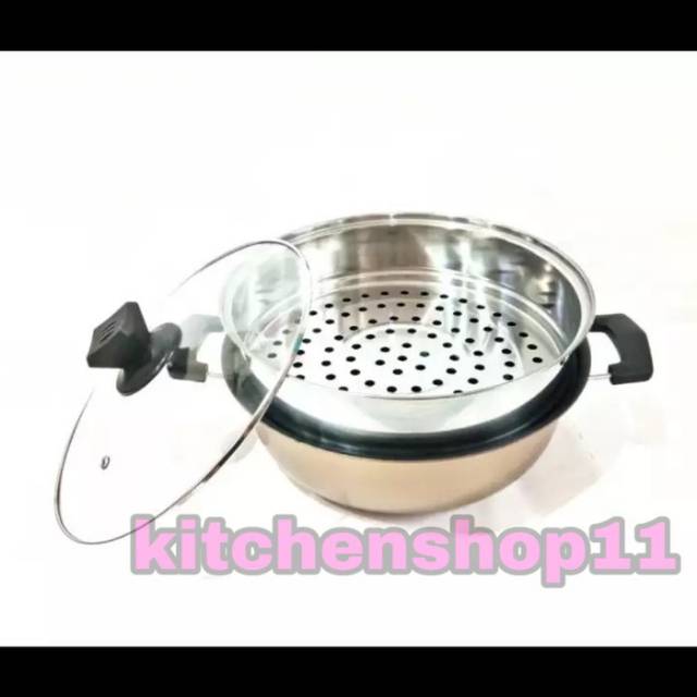 PROMO Panci kukus susun 2 tutup kaca warna  / panci serbaguna / dandang steamer 2in1 / panci kukus 28cm warna gold merah