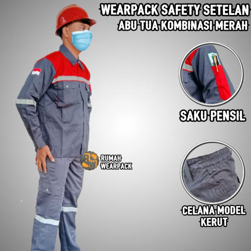 Setelan Wearpack Safety dan Celana Safety Abu Tua Kombinasi Merah