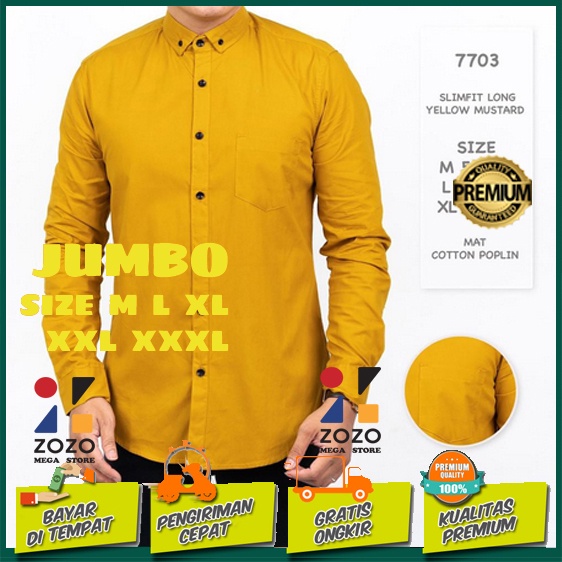 KEMEJA PRIA LENGAN PANJANG POLOS KUNING KUNYIT MUSTARD JUMBO XXL