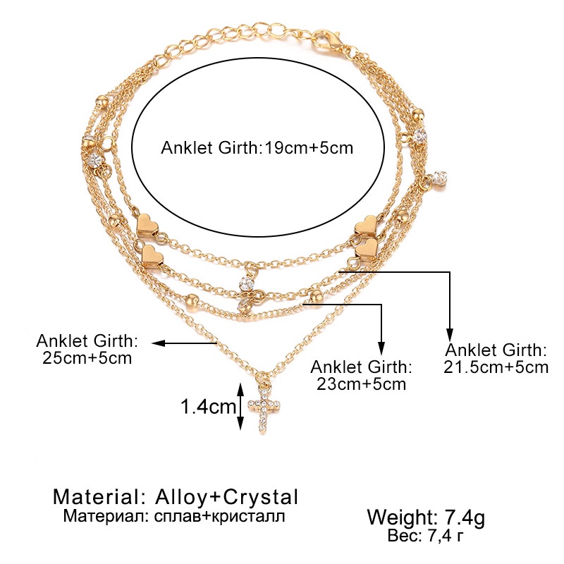 Women 4 Layers Cross Pendent Rhinestone Bohemia Chain Multilayer Anklet