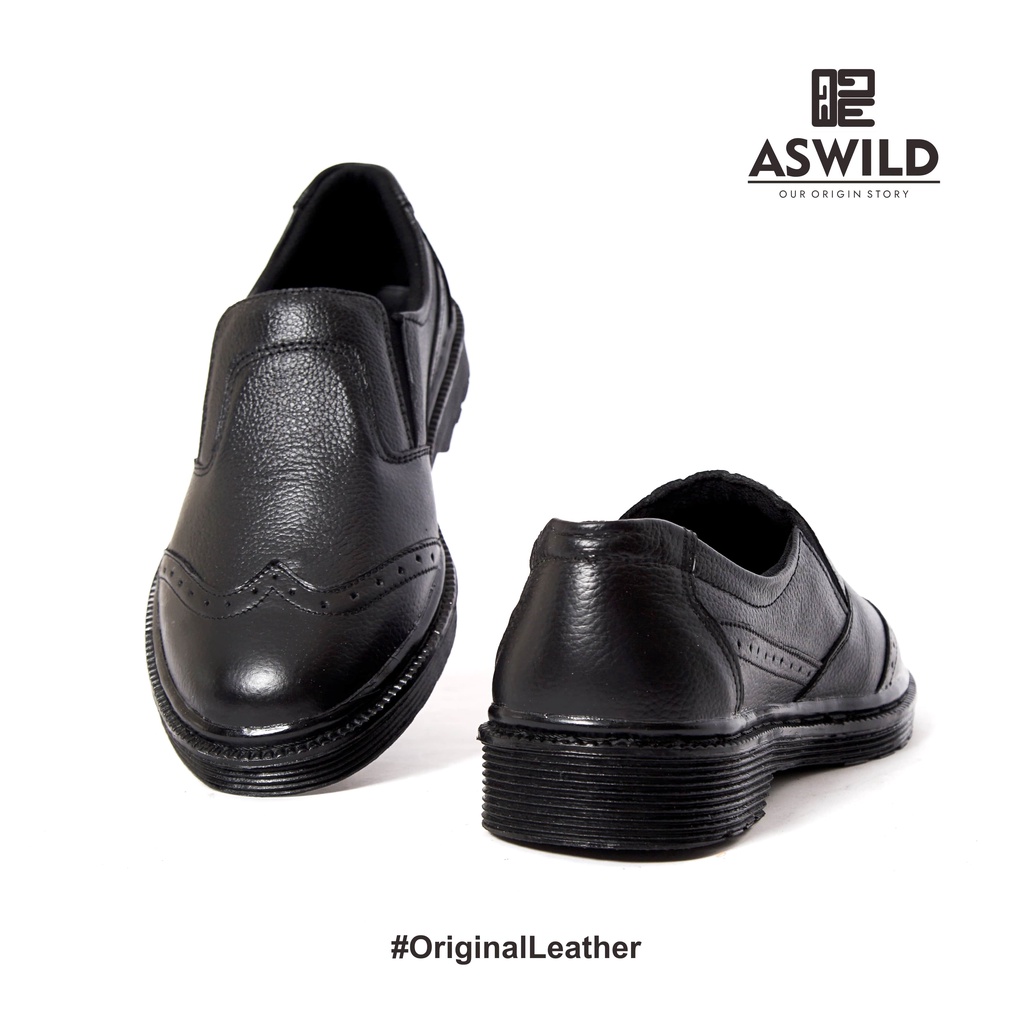 Sepatu ASWILD loafers kulit hitam pria original - Omoshiroi Leather