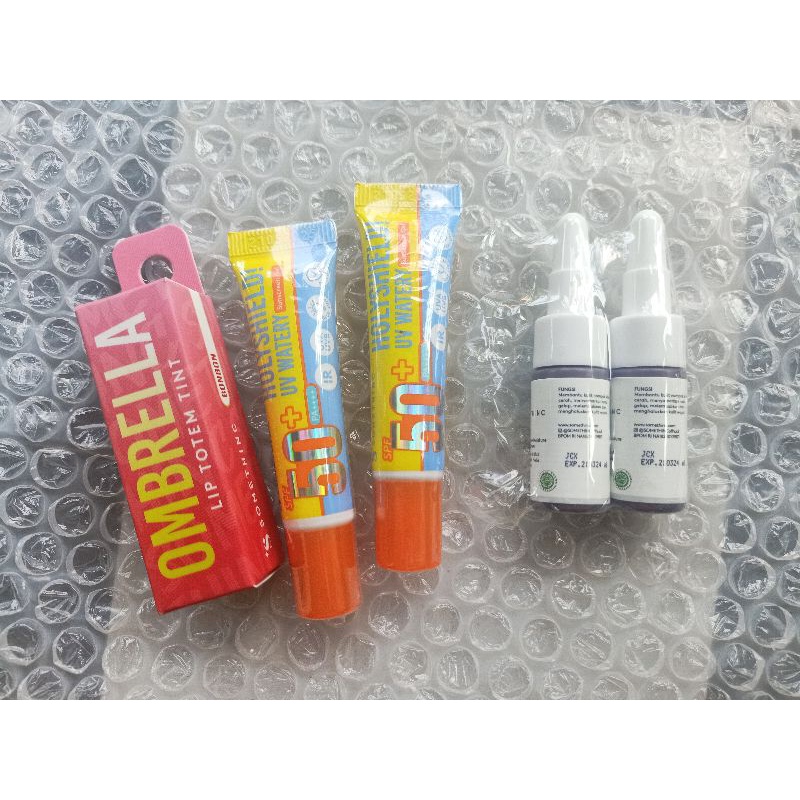 NEW lip totem tint ombrella shade bonbon, sunscreen gel, mini serum niacinamide somethinc