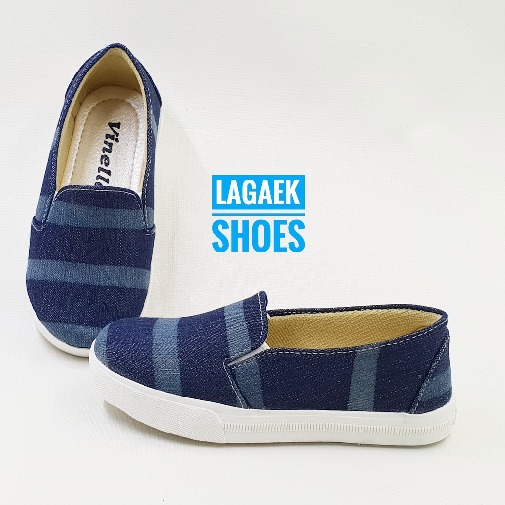 Sepatu Anak Perempuan Usia 1 2 Tahun Jeans Salur Navy - Sepatu Anak Cewek Keren Denim Alas Karet Anti Licin