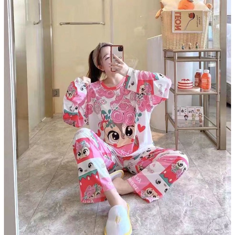PIYAMA PP WANITA IMPORT SPANDEX|BIGSIZE|JUMBO/SET OVERSIZE/BAJU TIDUR lengan panjang-PP.BZ CUTE OWL