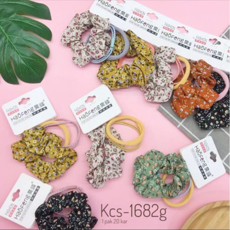 Scrunchie Set 3in1 Ikat Rambut Motif Daisy warna Salem + Ikat Rambut Kain + Ikat Rambut Dua Layer