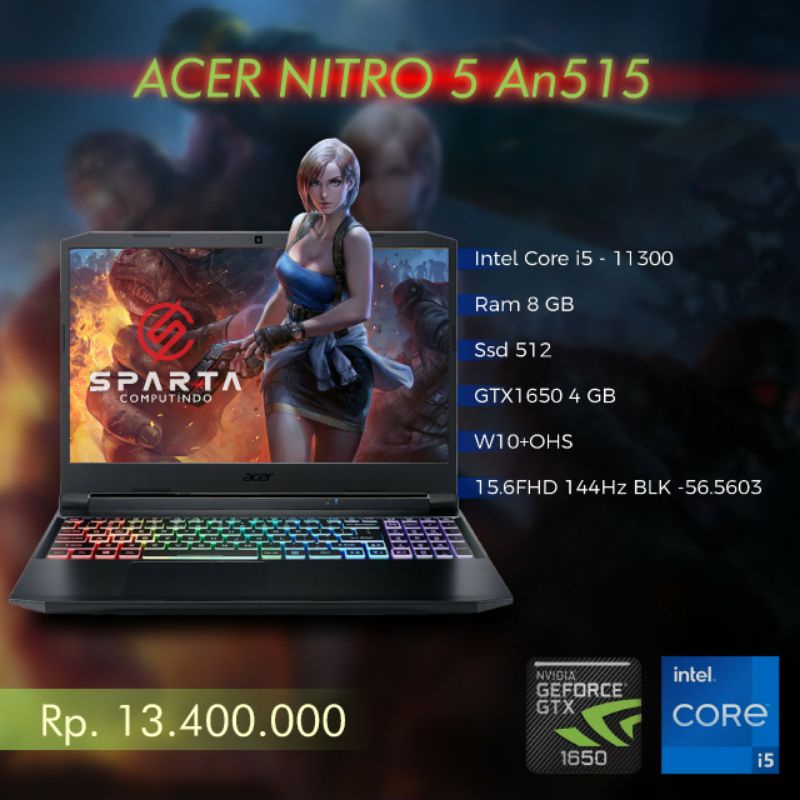 Laptop Gaming Acer Nitro 5 New Core I5 11400H Ram 8Gb Ssd Nvme 512 Gb Nvidia Geforce RTX3050 4Gb