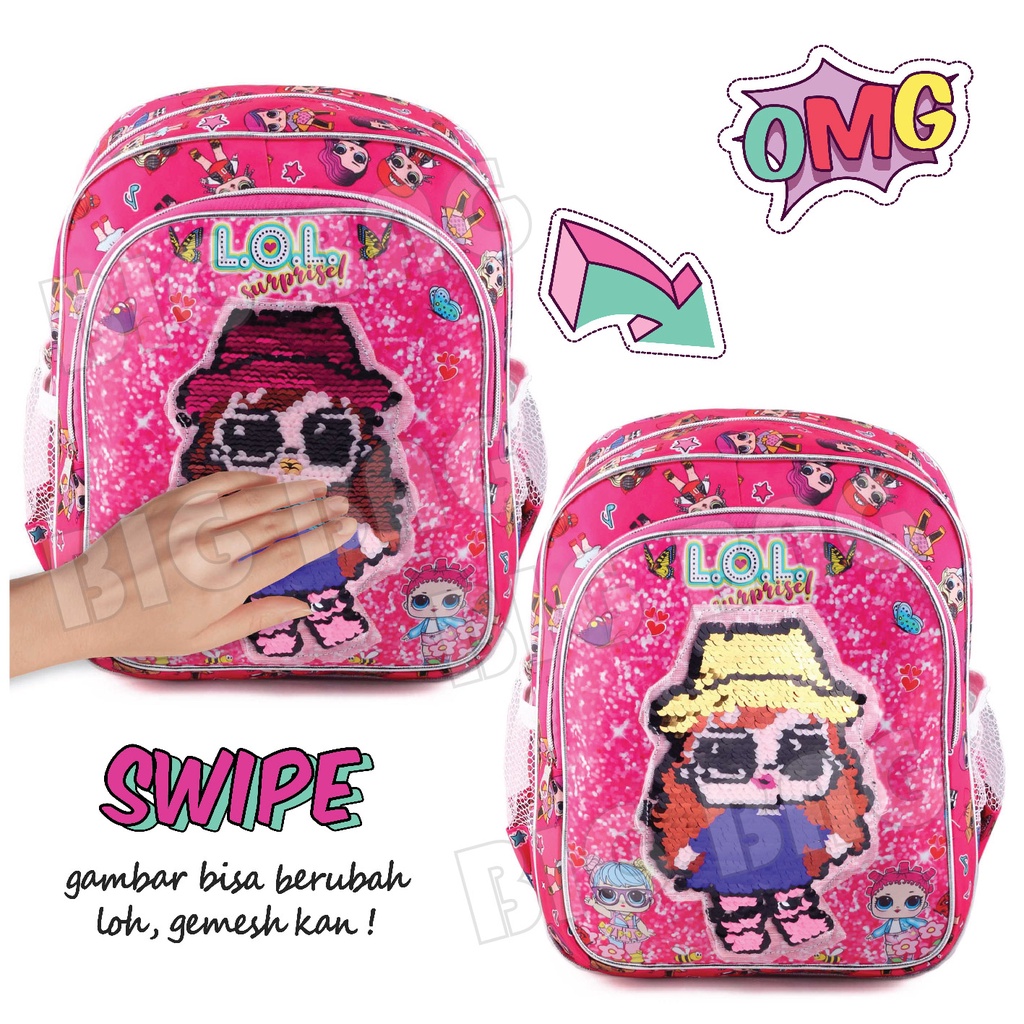 PTS - Tas Usap Ransel Sekolah Anak Perempuan Karakter Anak Perempuan Karakter LOL SURPRISE - Ransel Model Usap / Swipe Color - UKURAN SD