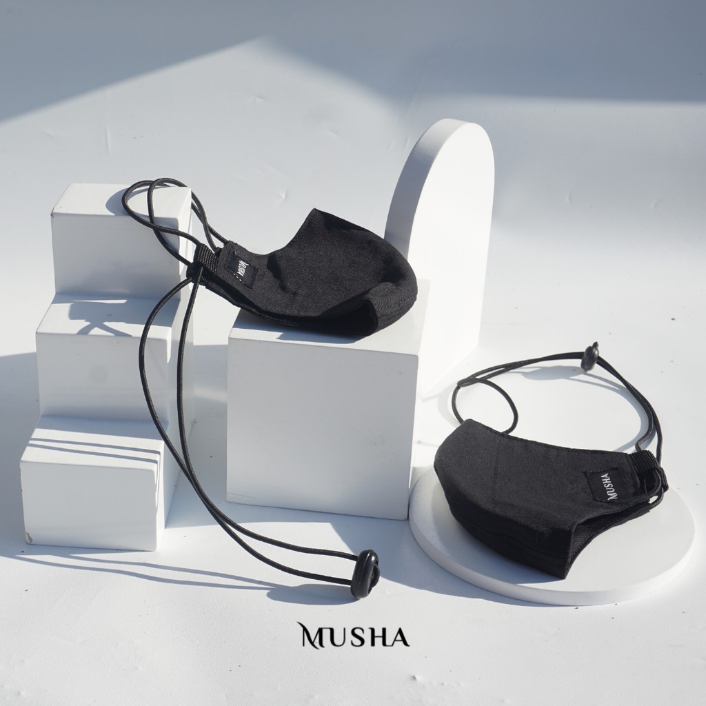 MUSHA Basic Mask Strap - Black | Masker Kain 3 Ply Earloop