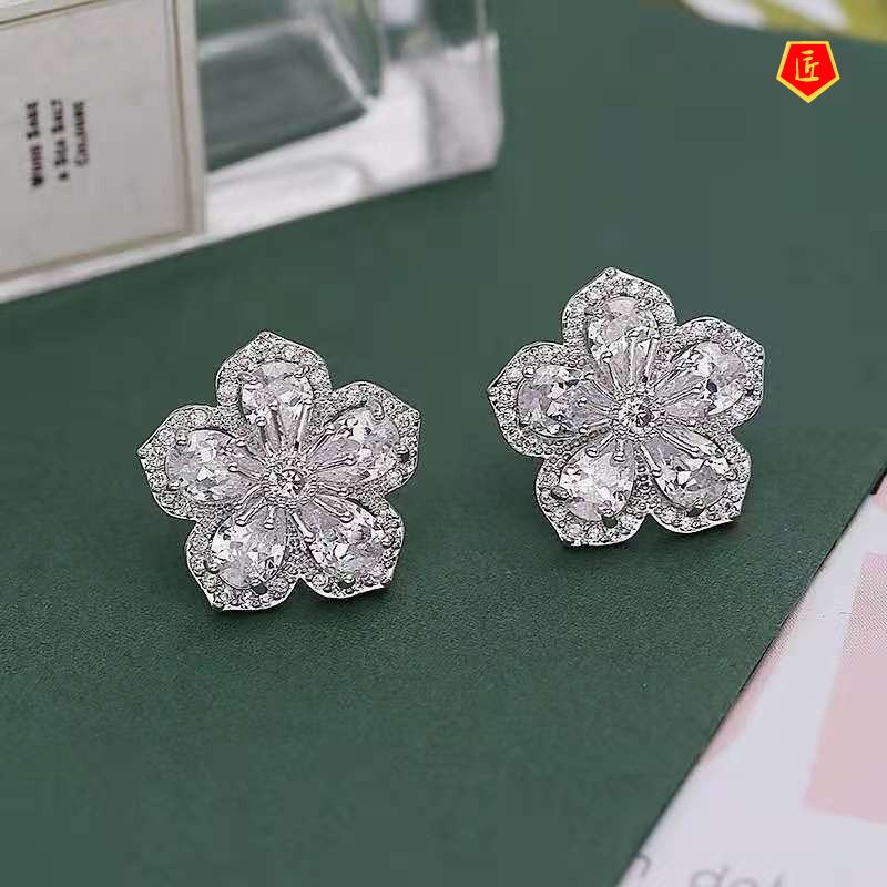 [Ready Stock]925 Silver Elegant Exquisite Cherry Blossom Crystal Stud Earrings