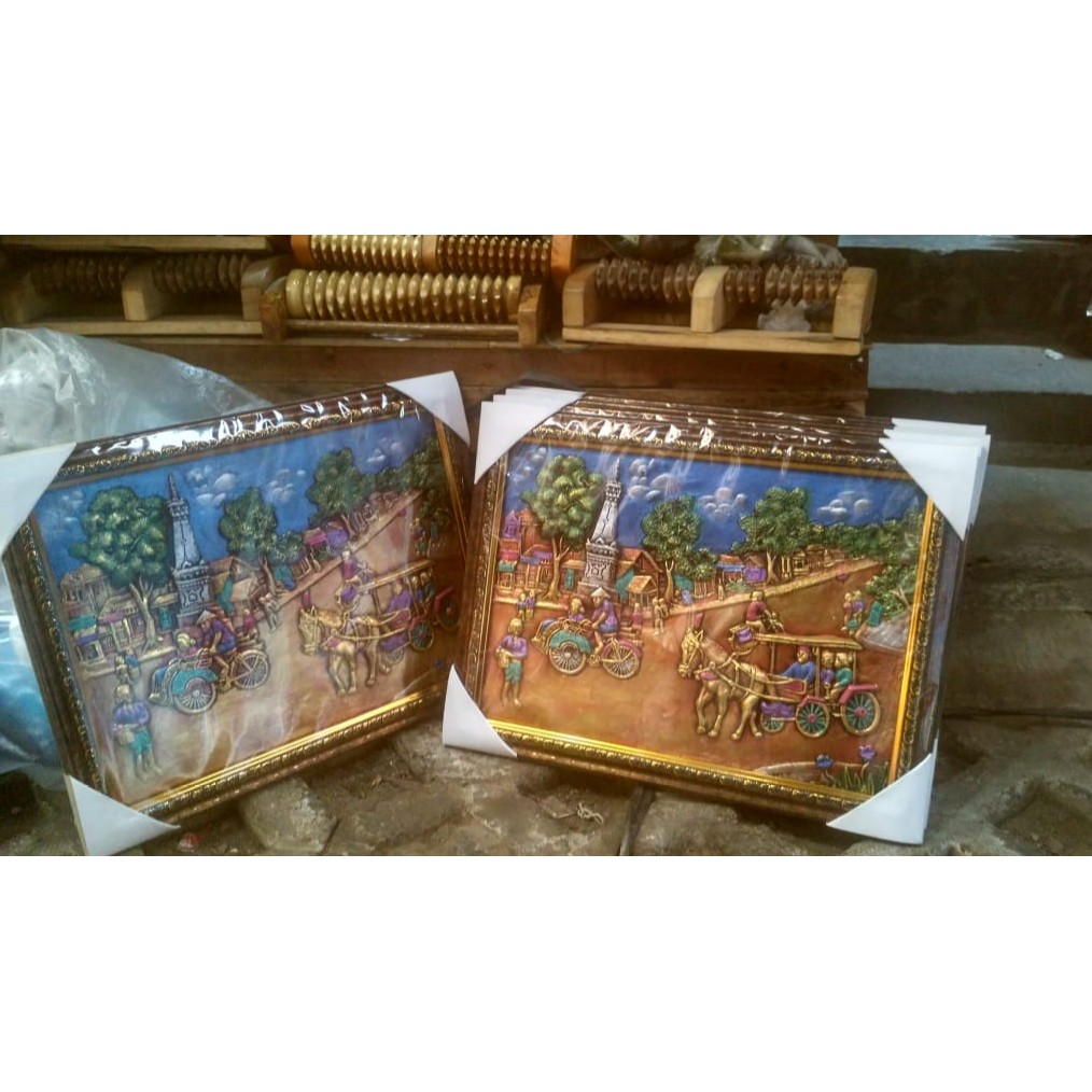 Lukisan Rilief / Lukisan 3D / Lukisan Timbul Jogja Andong Tugu Becak 44x33cm