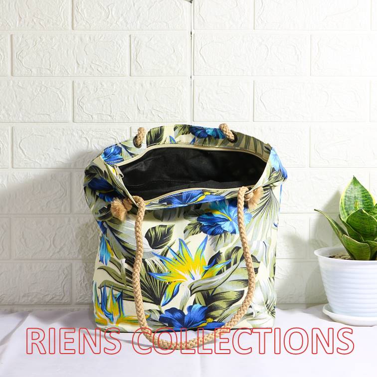 RIENS COLLECTIONS. TOTEBAG KANVAS TALI SUMBU MOTIF BUNGA SEPATU BIRU. TAS KANVAS. SOUVENIR JOGJA. OLEH OLEH JOGJA