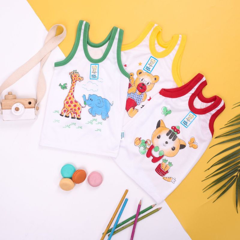 3 Pcs Kaos Dalam BEBE - Singlet Anak Laki Laki / Perempuan - Warna Putih List Warna - Bergambar