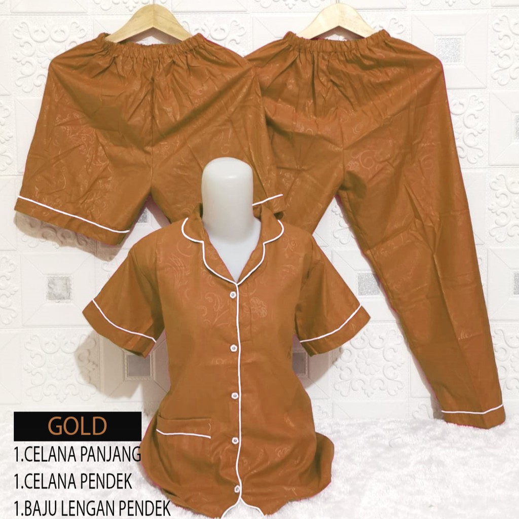 ISANNY PIYAMA SET 3IN1 SIZE.XL/PIYAMA SATIN EMBOS 3 IN 1/WARNA TERBANYAK/READY STOK/REAL PICT-GOLD TUA