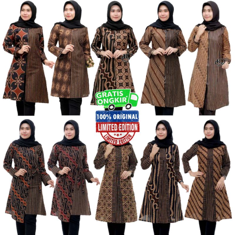 ATASAN TUNIK BATIK ZIPPER KOMBINASI KATUN HALUS PREMIUM | BAJU TUNIK BATIK KANTOR MODERN