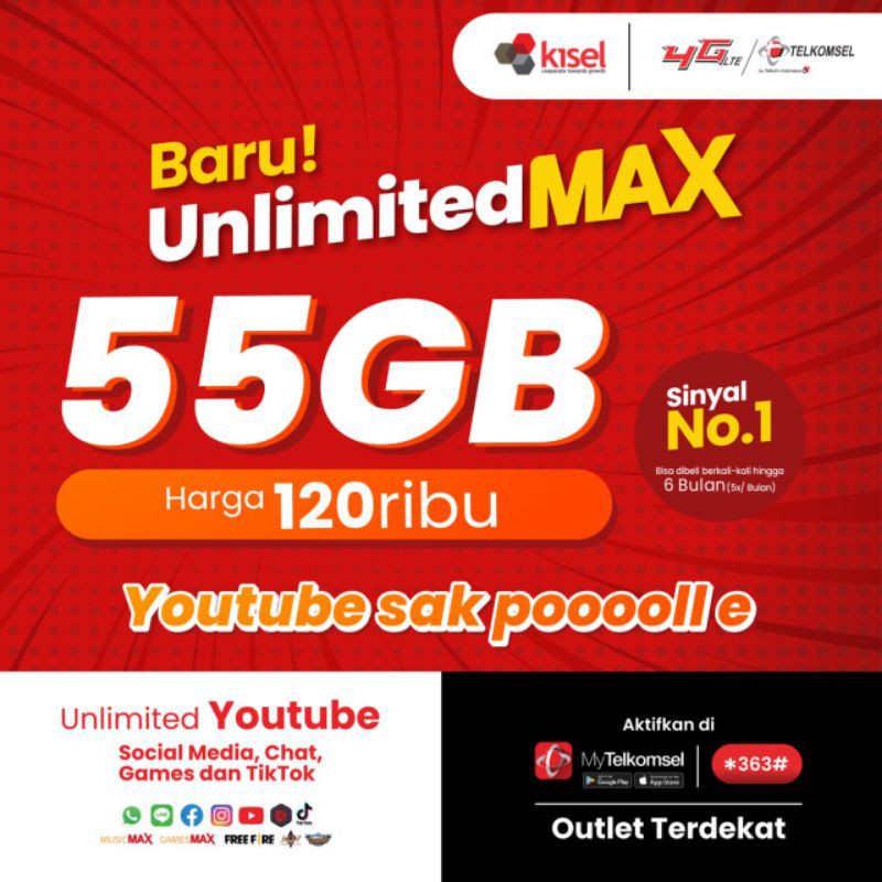 New Kartu Unlimited Telkomsel 2 Bulan 55 Gb