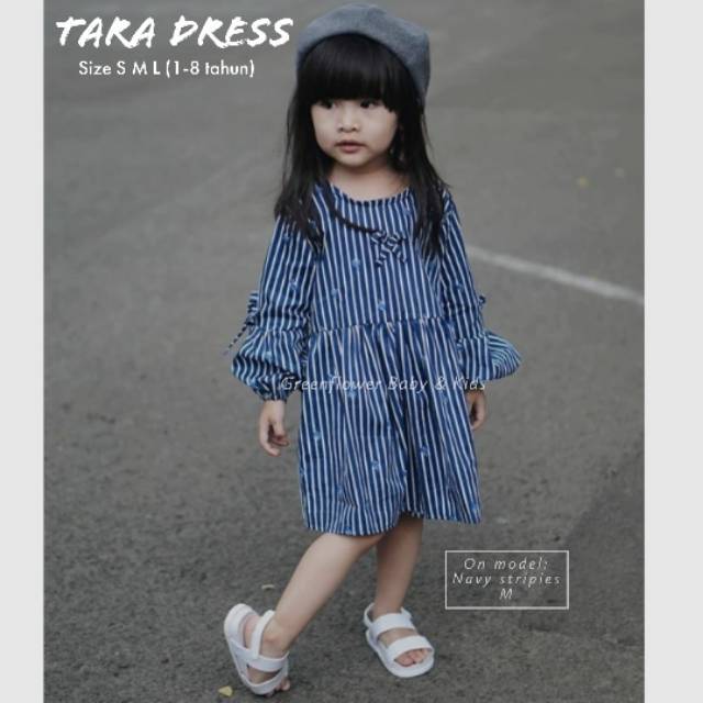 Dress lengan panjang anak perempuan katun motif warna tosca pink navy size 1-8 tahun (TK PAUD SD)