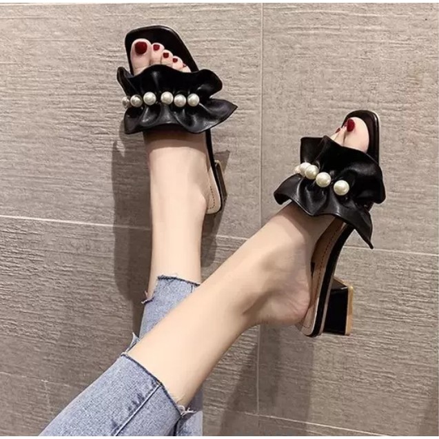 COD BAYAR DITEMPAT!!! 6756 SENDAL SANDAL WANITA HAK TAHU 4CM MODEL PITA ADA MUTIARA