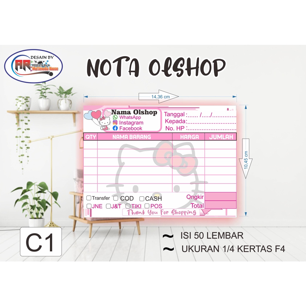 

nota custom ( ± 15,5 x 10cm)1/4 folio |1ply | bisa dipasang logo toko tanpa batasan jumlah warna | pesan satu buku bisa