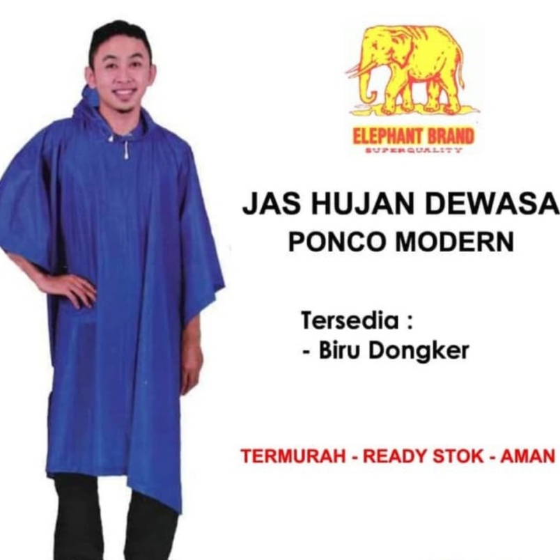 Jas Hujan Ponco Poncho Medium 210 biru Elephant Gajah size Dewasa