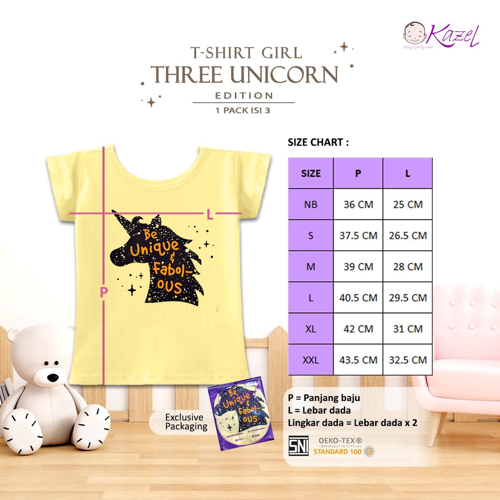 Kazel 3Pcs Tshirt Three Unicorn NB-XXL Tshirt Oblong Tipis Adem Nyaman Anak Perempuan CBKS