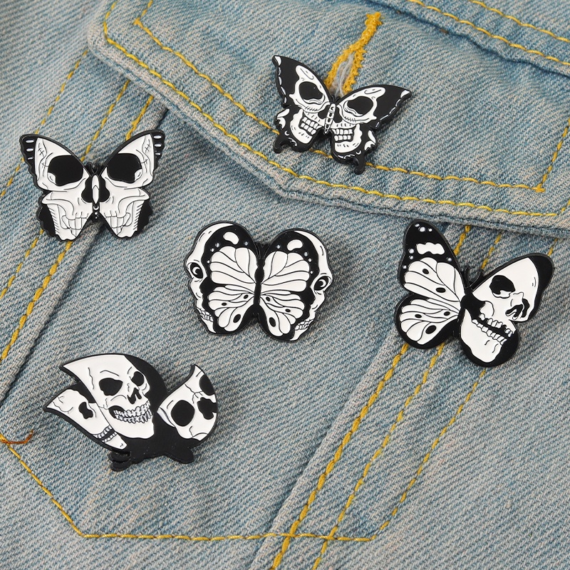 Bros Pin Enamel 5 Gaya Punk Bentuk Tengkorak Butterfly Untuk Hadiah Teman