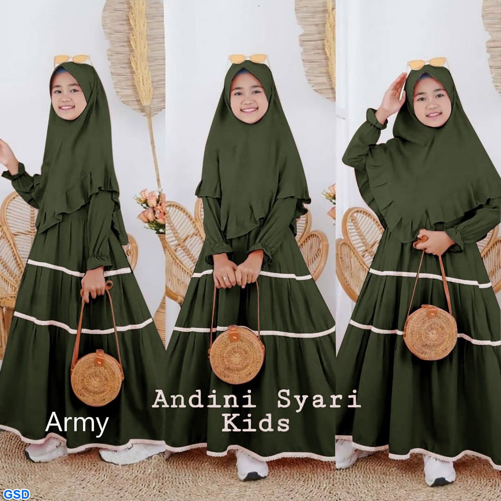 Andini /Baju Gamis Syari Muslim Anak Motif Renda Ada Hijab Bahan Moscrepe Premium Untuk Umur 8 Tahun Sampai 10 Tahun