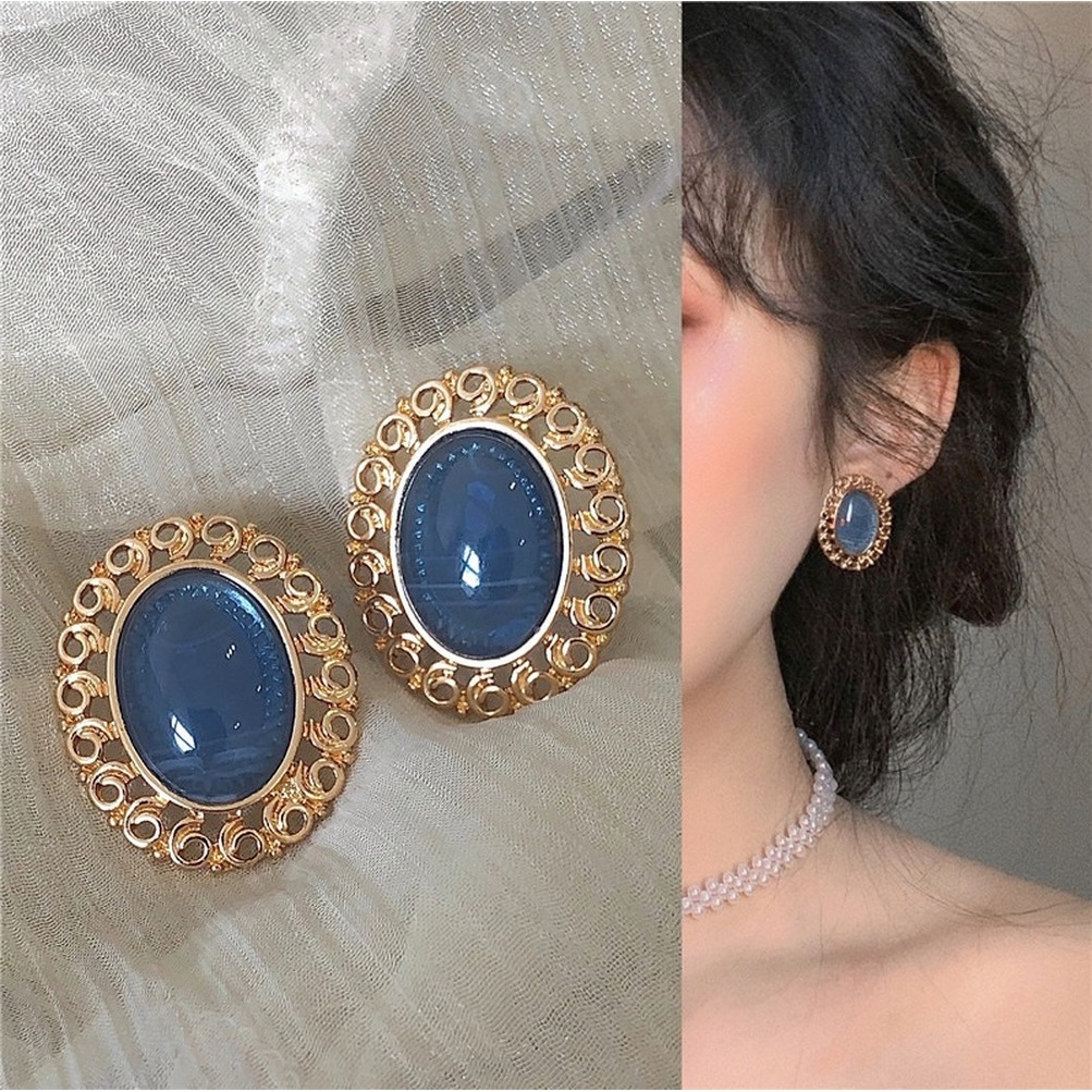 Anting Tusuk Gantung Hias Batu Permata Biru Gaya Populersimple Untuk Wanita