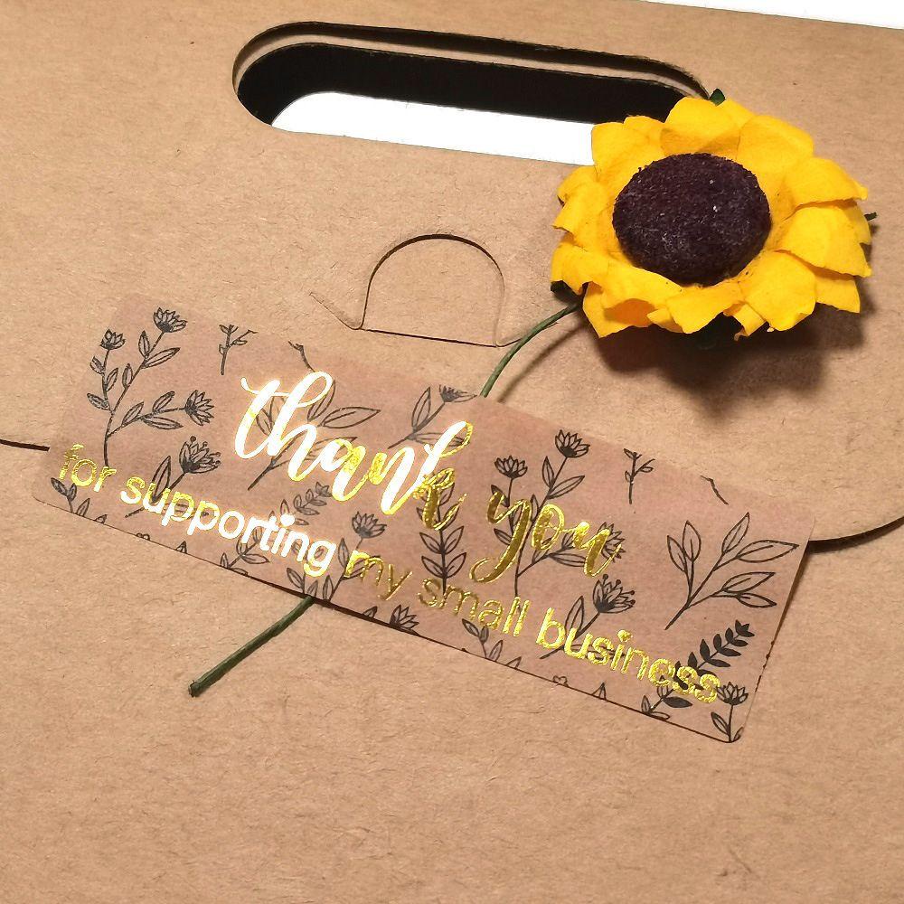 SOLIGHTER 120PCS/Roll 3x1 Inch Thank You For Supporting Stationery Kraft Paper Decals My Small Bussiness Package Decor Gift Hot Stamping Rectangle Leaves Floral Stickers Envelope Sealing Labels