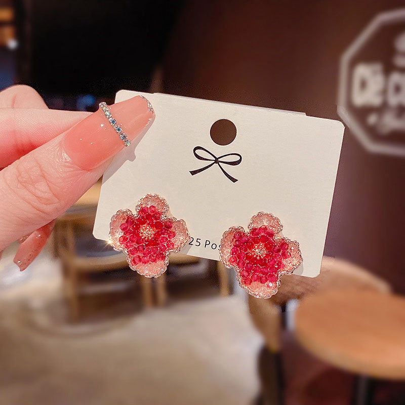 Anting Stud Silver Needle S925 Bentuk Bunga Camellia Warna Merah Untuk Wanita