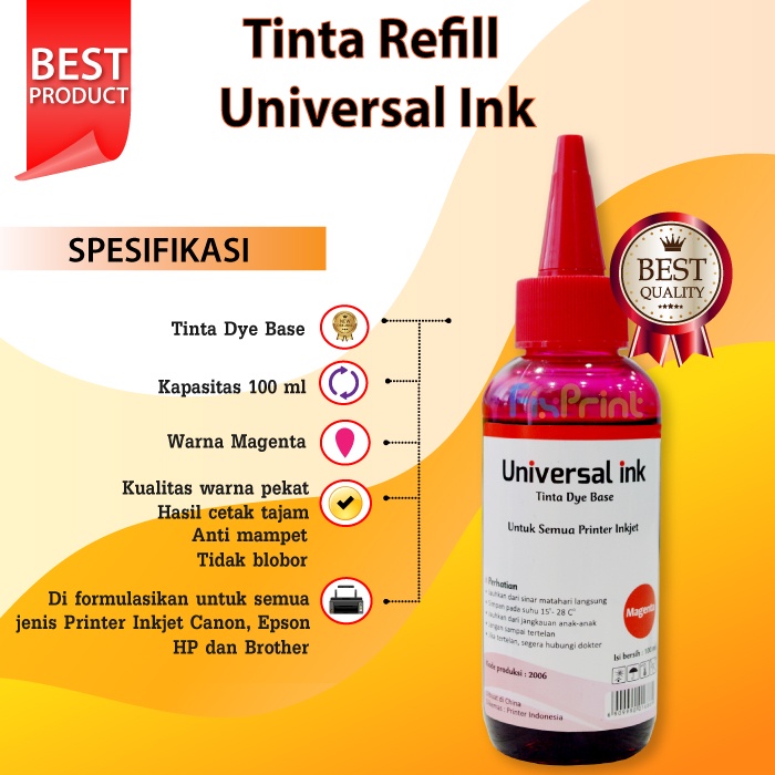 Tinta Epson Magenta 100ml, Tinta Dye Base Epson Tutup Model Kerucut Murah