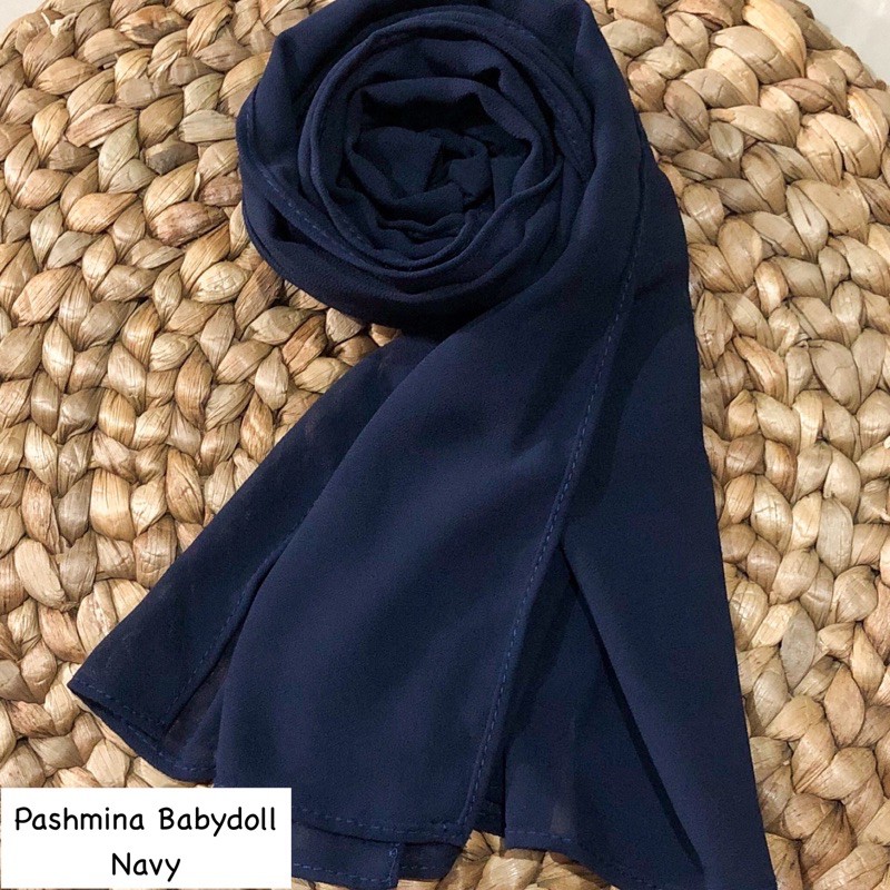 PASHMINA CERUTY BABYDOLL PREMIUM JAHIT TEPI Hijab Jilbab-Navi