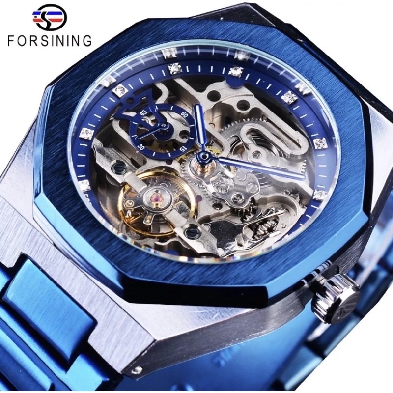 Jam Tangan Forsining Oak Luxury Transparent Silver Blue