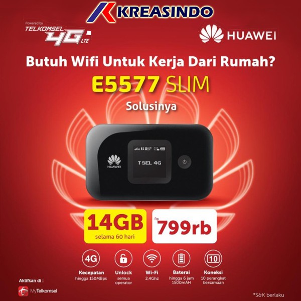 Huawei E5577 Slim Mifi Router Modem Wifi 4G Free Telkomsel 14Gb