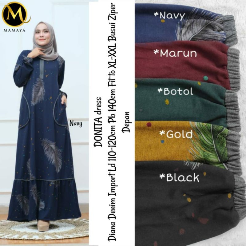 Donit dress, bahan diana denim import ld 110 cm -120 cm, busui, good quality