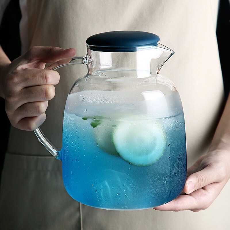 Pitcher Kaca Teko Kaca Tahan Panas Borosilicate Glass Tahan Panas Dan Dingin Desain Unik Kapasitas Besar 1.8 Liter Untuk Jus Es Teh Sirup