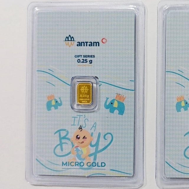 KADO LAHIRAN BAYI LAKI-LAKI BIRU EMAS 0.25 GRAM ANTAM GAMBAR GAJAH ELEPHANT LOGAM MULIA 0,25 GR NEW 