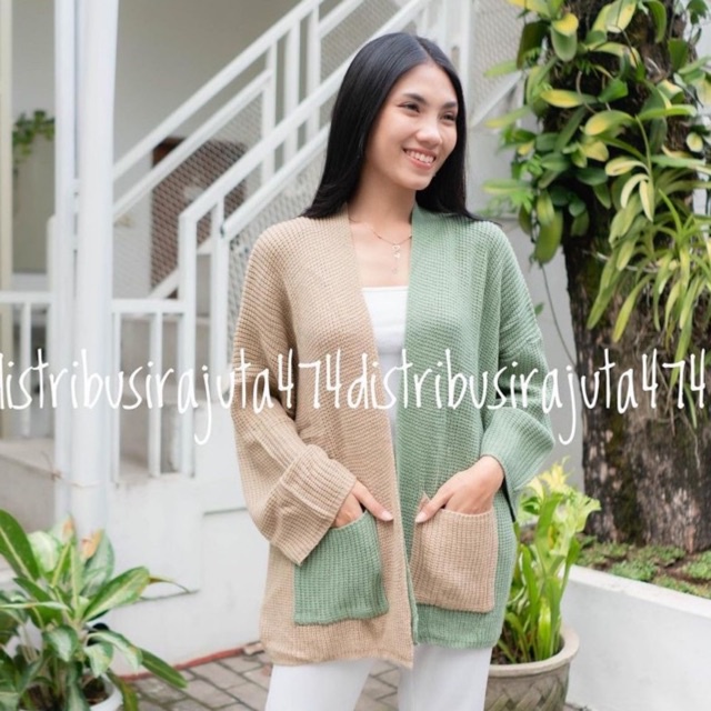 OVERSIZE CARDIGAN RAJUT TWO TONE TEBAL OUTERWEAR KNIT JUMBO