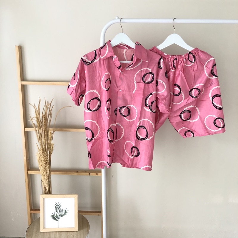 hirafa - One Set Setelan Atas Bawah Full Kancing / Baju Santai Tie Dye / Baju Wanita Pria-Double Ring - Pink