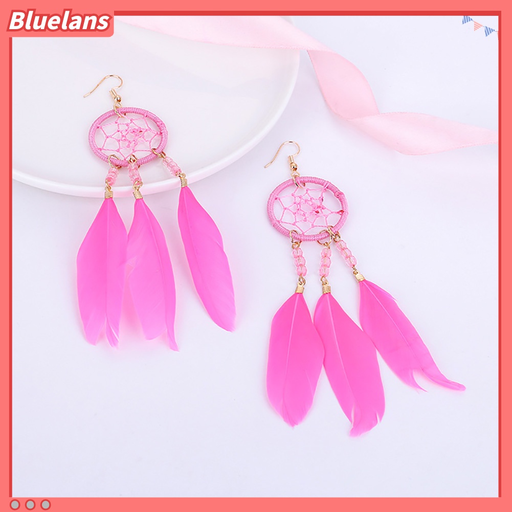 Anting Kait Gantung Desain Dream Catcher Hollow Hias Manik-Manik Bulu Gaya Bohemia Untuk Wanita
