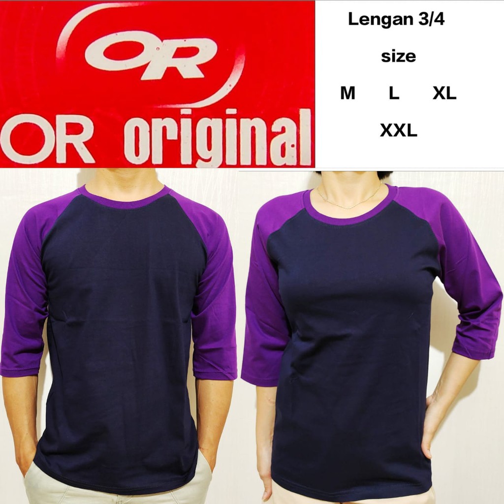 Kaos raglan polos navy lengan ungu 3/4 M L XL XXL