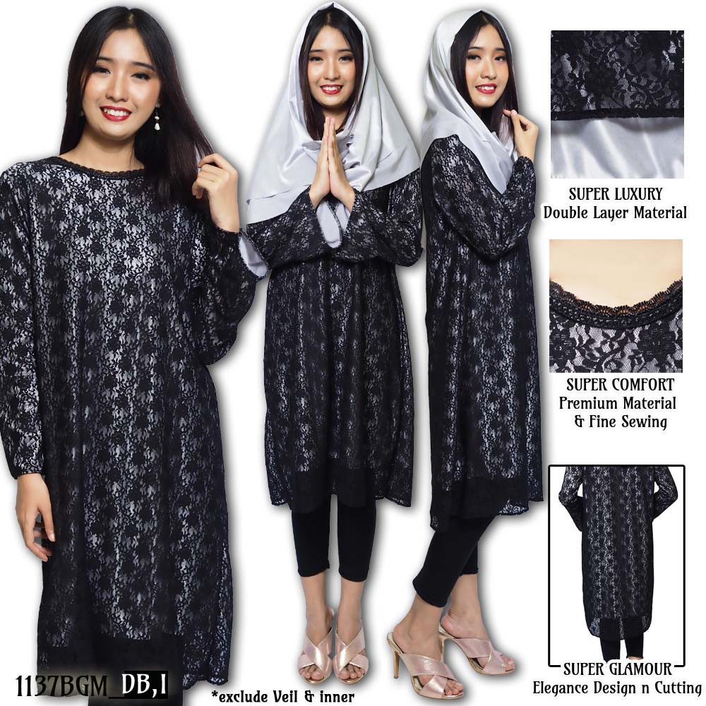 FOLVA tunik baju muslim satin 1137BGM hitam all size