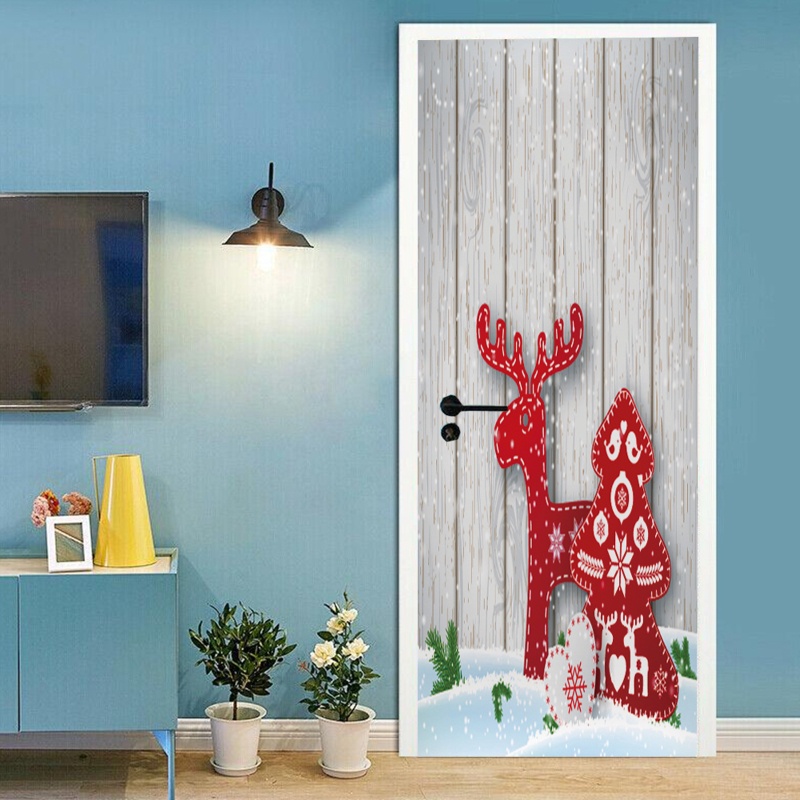 Zzz 2pcs / set Stiker Pintu / Kulkas Motif Rusa Natal Bahan Kayu Untuk Dekorasi