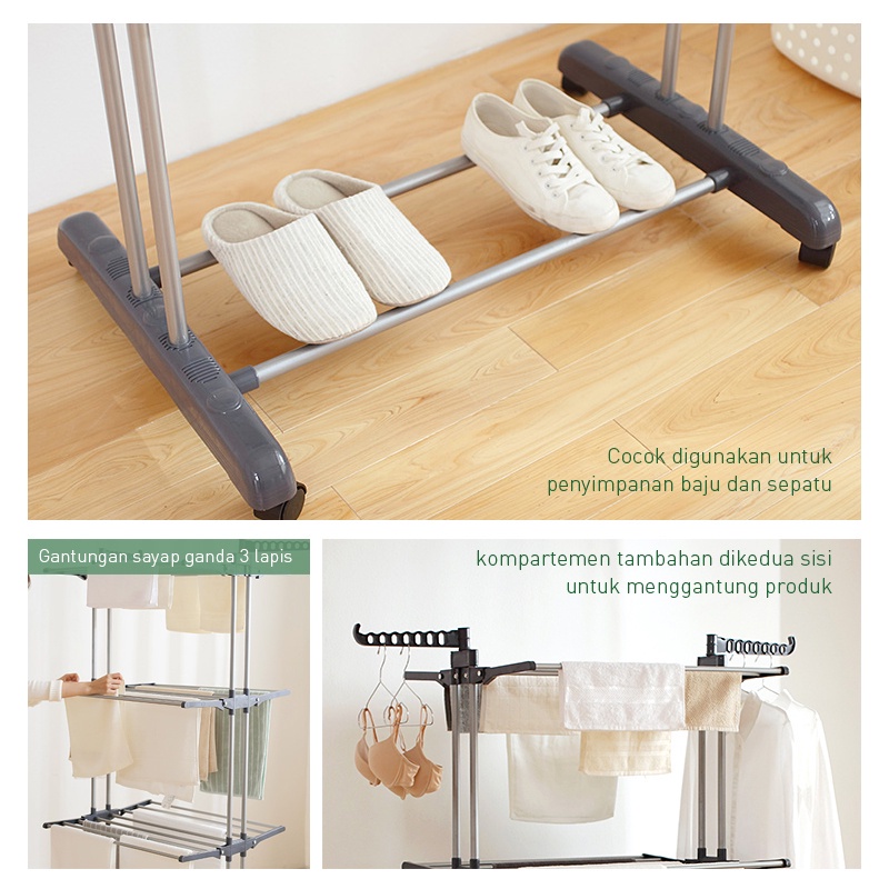 Jemuran Baju 3 Tingkat Jemuran Baju Lipat Berdiri Stand Hanger Cloth Drying Rack Jemuran Stainlees Steel Dengan Roda GOSHOP88