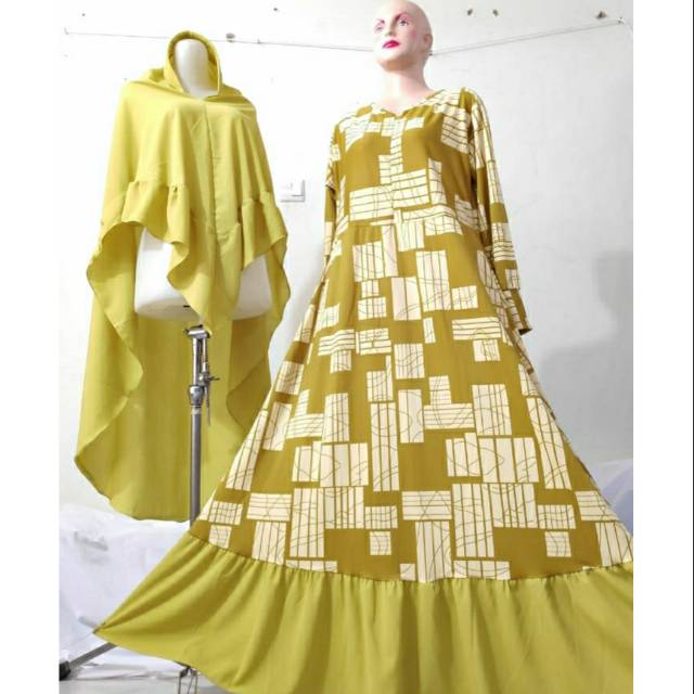 Gamis Set Khimar Rempel - Motif abstrak garis