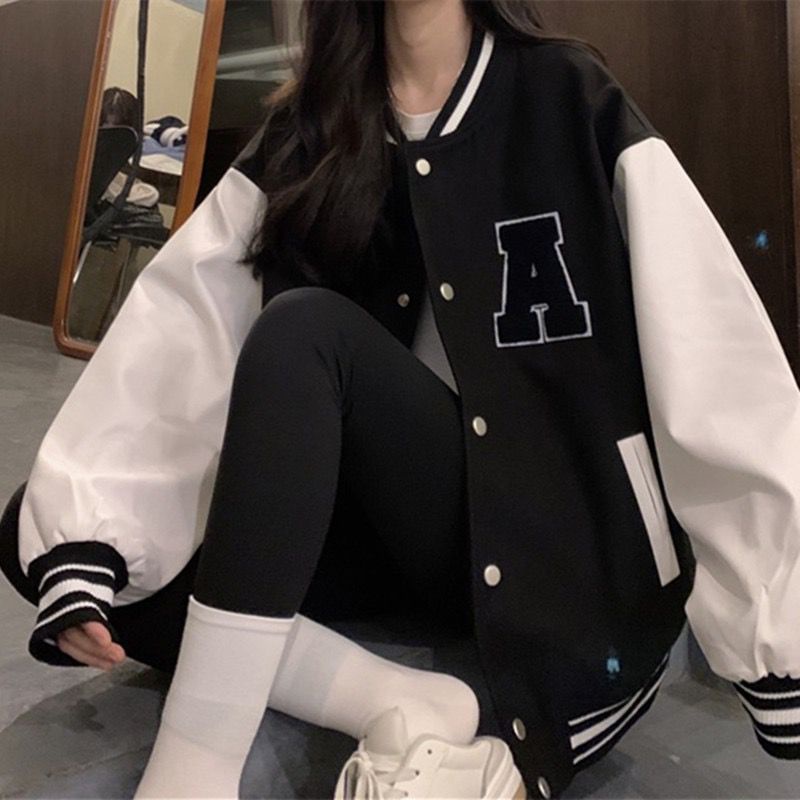 [littlecrab] Jaket Oversize Hitam Putih Letter A Bulu Jacket Varsity Baseball Korea Import Kancing Jepret Berkualitas Fleece Tebal Unisex Couple Good Quality Korean Style