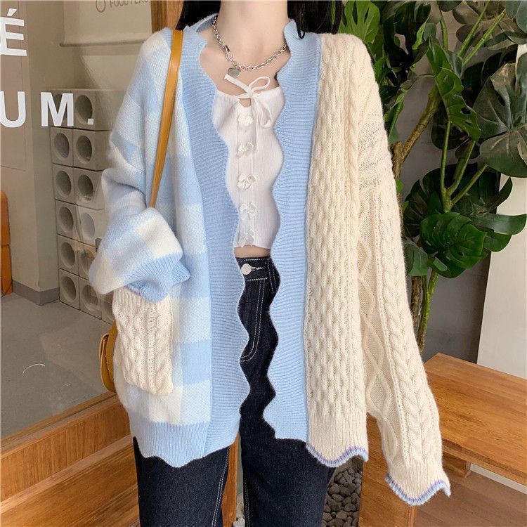 [littlecrab] Cardigan Oversize Biru Putih Knit Two Tone Korea Outer Rajut Gingham Import Berkualitas Korean Style